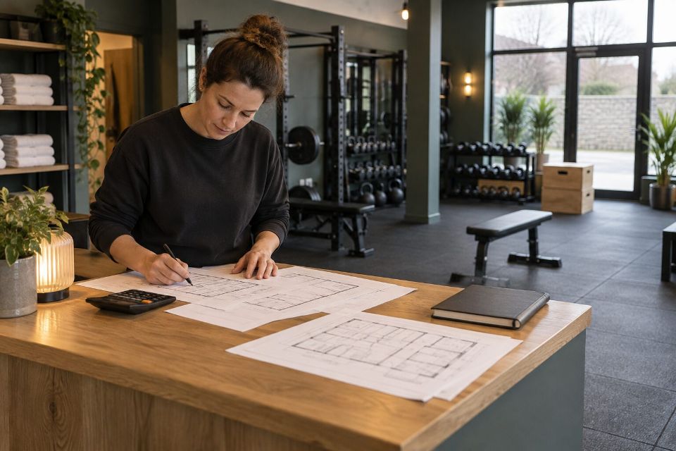 A gym owner reviewing floor plans at a reception desk.