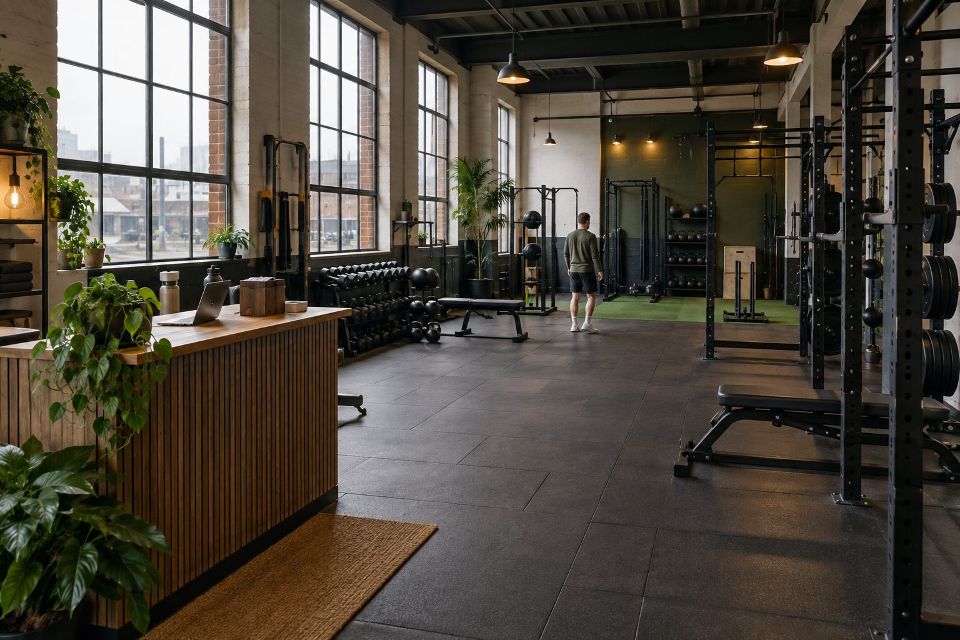 An independent gym with strength equipment, large windows and a reception desk.